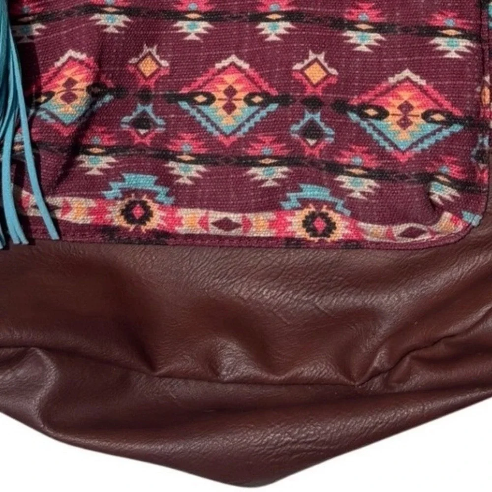 Southwestern Canvas Backpack Burgundy Brown Boho Multiple Pockets‎ Medium